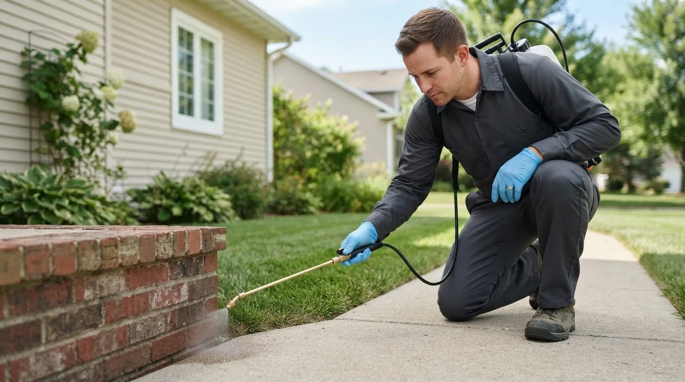 Pest control technician treating a home near Albany, OH